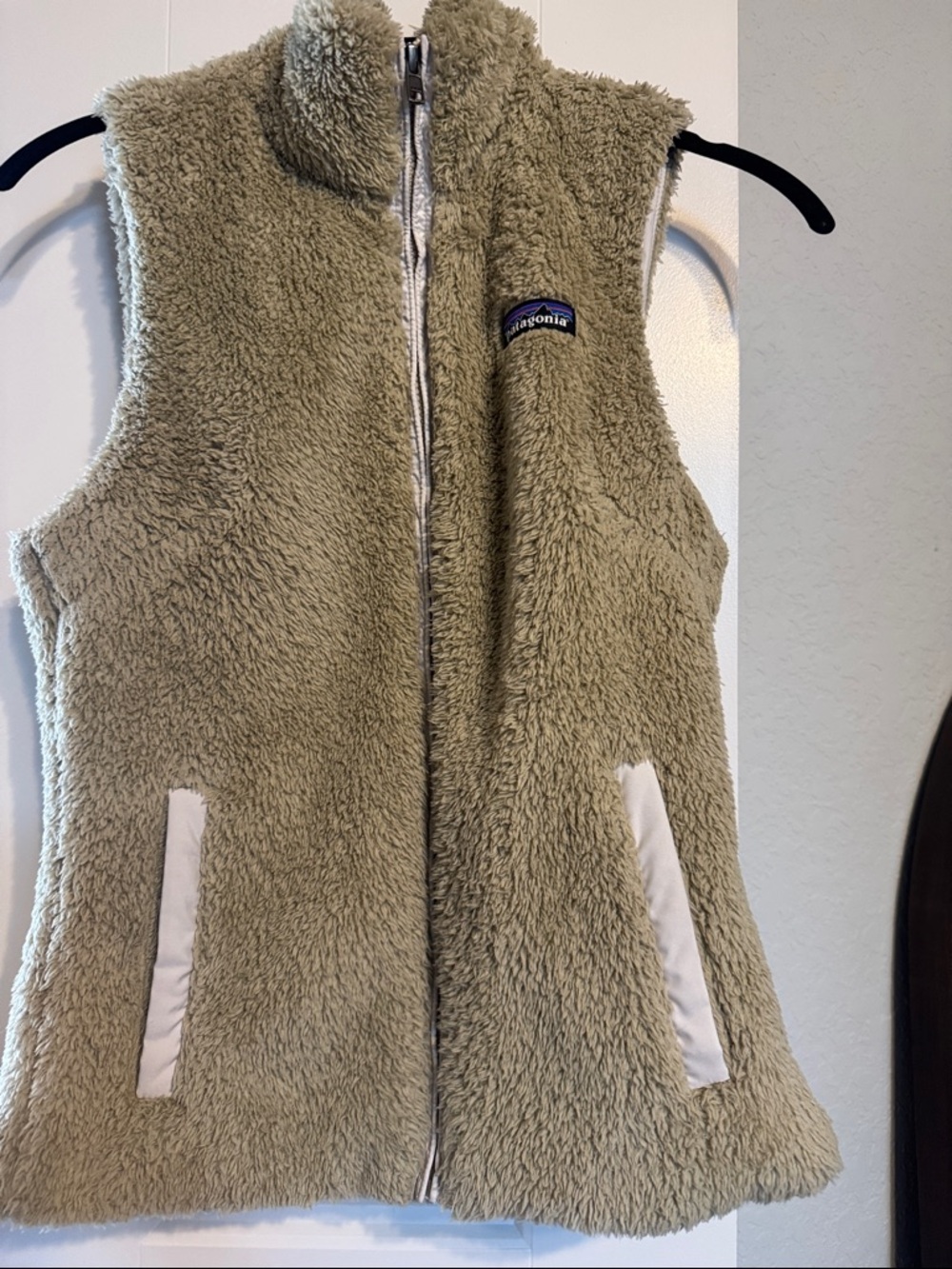 Patagonia Olive Sherpa Fleece Vest with Cream Trim